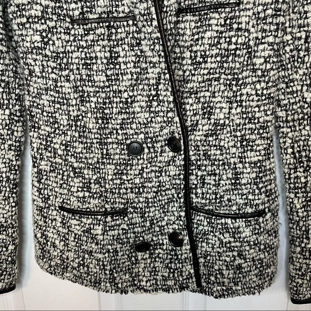 𝅺ISABEL Marant Black & White Tweed with Leather Trim Wool Blend Button Jacket 0 - Picture 3 of 7